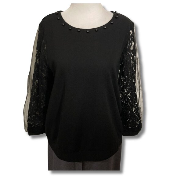 EMILY JOHN Black scoop neck shirt with mesh and lace sleeves ~ MEDIUM LARGE top - Picture 1 of 14